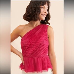 Maeve One-Shoulder Pleated Peplum Top in Hot Pink